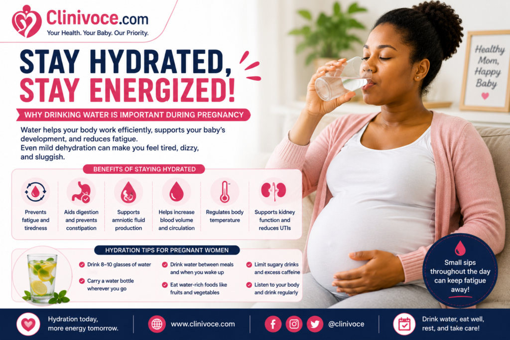 Pregnant woman drinking water to stay hydrated and energized